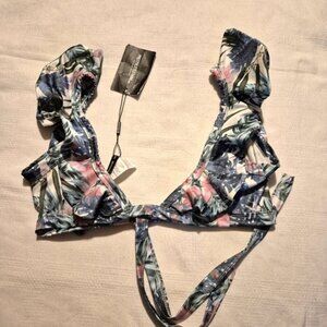 PRETTYLITTLETHING women's size 4 pale khaki leafy frill tie front bikini top New